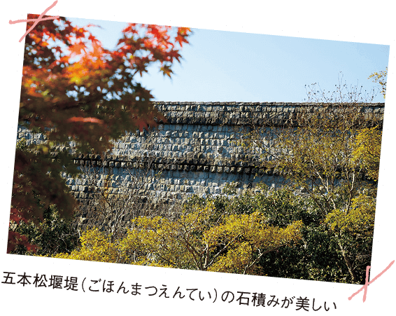 五本松堰堤（ごほんまつえんてい）の石積みが美しい